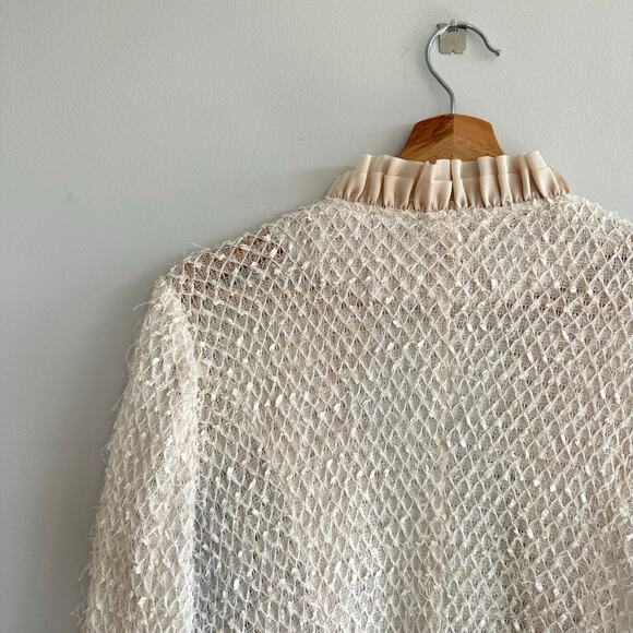 Vintage Ryu Ruffle Lace Bead Hook Closure Jacket Cream L - Picture 9 of 9